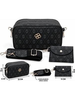 Elan Collection Kadın Çanta Monogram Desenli Cüzdan Aksesuarlı Ayarlanabilir Askı Şık Günlük El Kol Omuz ve Çapraz Çanta Siyah