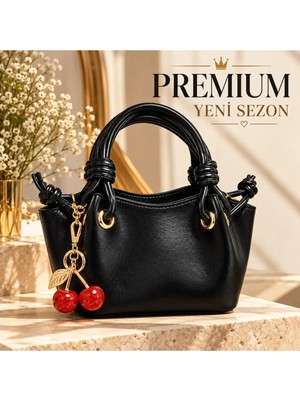 Elan Collection Kadın Çanta Premium Yeni Tasarım Düğüm Detaylı Kiraz Charm Aksesuarlı Çapraz Askılı El Kol Omuz Çantası Siyah
