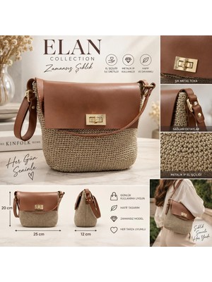 Elan Collection Kadın Çanta Premium Metalik Ip Özel Model Tasarım Premium El Işçiliği Lüks El Kol Omuz Çantası Gold Kahve