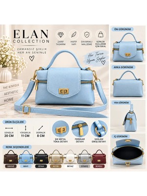 Elan Collection Kadın Çanta Yeni Ürün Kilit Detaylı Kutu Form Minimal Tasarım Lüx Kullanışlı El ve Omuz Çantası Buz Mavisi