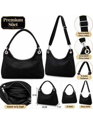 Elan Collection Kadın Çanta Yeni Ürün Premium Süet Tasarım Metal Halka ve Klips Detaylı El Kol Omuz ve Çapraz Çanta Siyah