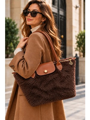 Elan Collection Kadın Çanta Yeni Sezon Peluş Tasarım Büyük Boy Lüx El ve Omuz Çantası Acıkahve