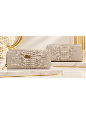Elan Collection Kadın Cüzdan Kroko Model Büyük Boy Çoklu Kart Bölmesi Bozuk Para Bölmesi Premium Tasarım Cüzdan Bej