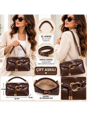 Elan Collection Kadın Çanta Lüx Gold Toka Aksesuar Detaylı Çift Askılı Premium Model Astarlı El Kol Omuz Çantası Acıkahve