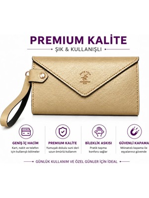 Elan Collection Kadın Premium Model Çok Gözlü Fermuarlı Telefon Bölmeli Kartlıklı Bilek Askılı Çıtçıt Kapama Şık Cüzdan Gold