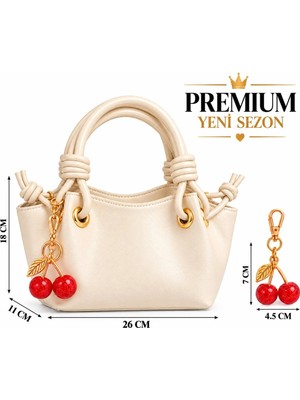 Elan Collection Kadın Çanta Premium Yeni Tasarım Düğüm Detaylı Kiraz Charm Aksesuarlı Çapraz Askılı El Kol Omuz Çantası Krem