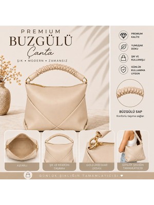 Elan Collection Kadın Çanta Premium Büzgü Model Çift Saplı Extra Arka Gözlü Kaliteli Şık El Kol ve Omuz Çantası Bej