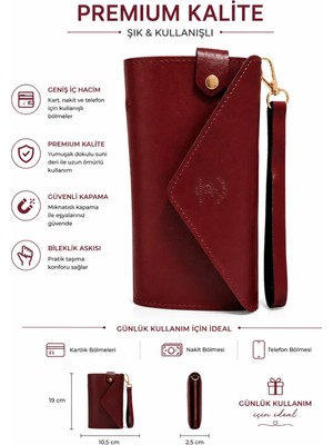 Elan Collection Kadın Premium Model Çok Gözlü Fermuarlı Telefon Bölmeli Kartlıklı Bilek Askılı Çıtçıt Kapama Şık Cüzdan Bordo