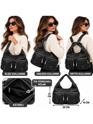 Elan Collection Kadın Çanta Yeni Modern Tasarım Üç Farklı Kullanımda Astarlı Iç Yapı El Kol Omuz ve Sırt Çantası Siyah