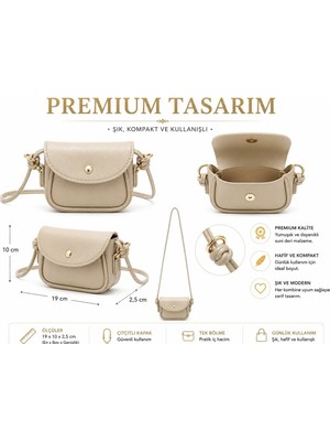 Elan Collection Kadın Çanta Minimal Tasarım Ayarlanabilir Askılı Çıtçıtlı Kapama Premium Yumuşak Suni Deri Çapraz Omuz Çantası Bej