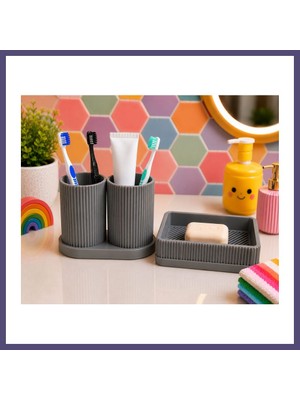 Teknokapsül 3D Baskı Diş Fırçalık ve Sabunluk Seti - Lavabo Üstü Banyo Organizeri-Gri Bzsth