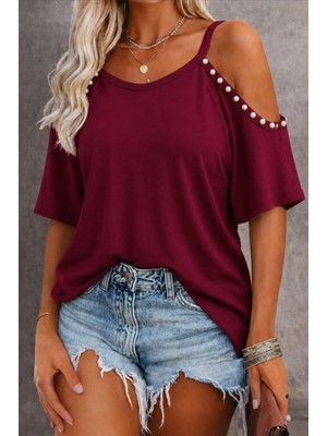 TeknoKapsül Kadın Kısa Kollu Askılı Omuzlardan Açık Incili Viskon Bluz - Bordo / L-Xl