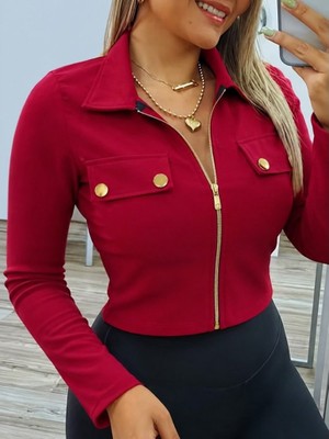 TeknoKapsül Kadın Uzun Kollu Yakalı Süs Cep Detaylı Fermuarlı Kısa Ithal Krep Ceket - Kırmızı / 2xl-3xl