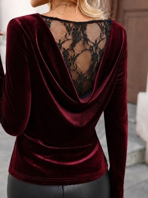 TeknoKapsül Kadın Uzun Kollu Degaje Yakalı Sırtı Dantel Detaylı Kadife Bluz - Bordo / L-Xl