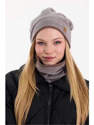 Butikgiz Kadın Dış Kısım Polar, Iç Kısım Kaşkorse Pamuklu, Çift Renk, Çift Kat, Katlanabilir Bere Boyunluk Set