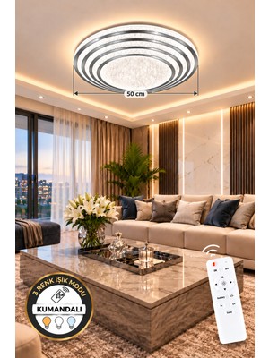 My Ece Aydınlatma Pearl Krom Detaylı Uzaktan Kumandalı Dimmerli 3 Renk LED Işıklı Plastik Kasalı Avize (Çap 50 Cm)