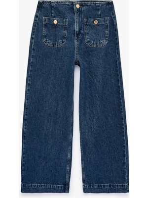 Die Grup Pamuklu Cep Detaylı Düğmeli Geniş Kısa Paça Denim Pantolon - Culotte Jeans