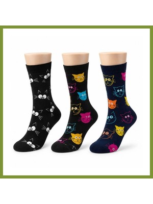 Bezos Unisex Kedi Desenli Çorap 3'lü Set Pamuklu Renkli Uzun Soket Dikişsiz Nefes Alan Rahat Günlük Çorap Vlr