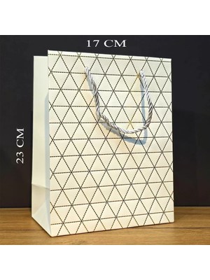 Drop Beyaz Geometrik Desenli Orta Boy Karton Hediye Çantası Najmaddin