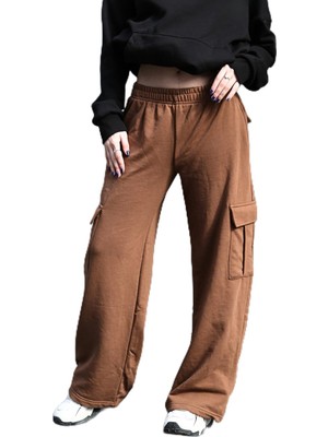 Odea Madmext Kadın Kahverengi Geniş Paça Kargo Cepli Eşofman Altı MG1615,KAHVERENGI L