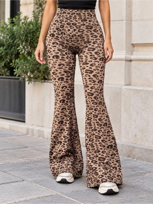 Masspera Kadın Yüksek Bel Leopar Desenli Ispanyol Paça Kaşkorse Pantolon