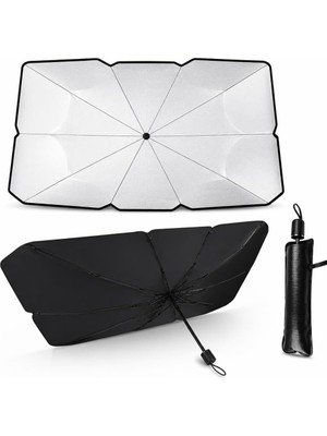 SBN - Store Araba Ön Cam Güneşliği Şemsiye (140X80 Cm) - Deri Kılıflı Katlanabilir Oto Güneşlik, Isı ve Uv Engelleyici Titanyum Gümüş Kaplama