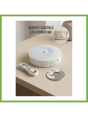 Bezos Hareket Sensörlü Yuvarlak LED Aydınlatma & USB Şarjlı Pratik Gece Lambası (8 Cm) Umt