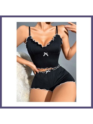 Teknokapsül Kadın Siyah Fitilli Askılı Şortlu Pijama Takım 5042 · Beden: L/xl · Renk: Siyah Bzsth