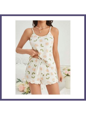 Teknokapsül Kadın Ekru Çiçek Baskılı Şortlu Gecelik Pijama Takımı 5047 · Beden: L/xl · Renk: Ekru Bzsth