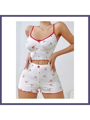 Teknokapsül Kadın Vişne Desenli Dantel Askılı Şortlu Pijama Takımı 5193 · Beden: S/m · Renk: Beyaz Bzsth