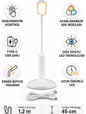 Qar Şarjlı Dokunmatik LED Masa Lambası Type-C Esnek Boyunlu Ayarlanabilir Işık Modlu 45 cm Beyaz