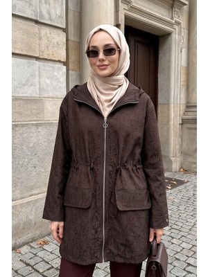Lale Butik Kadın Önü Fermuarlı Bel Büzgülü Astarlı Ceket 8001 Kahverengi