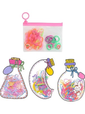 Renk ve Model Mini Saç Tokası Seti – 4 Paket Şeffaf Çanta ve Şişe Tasarımlı Kutuda Lastik Toka, Çocuklar ve Kız Çocukları Için, Karışık Neon Renklerde Yumuşak Elastik Saç Lastiği