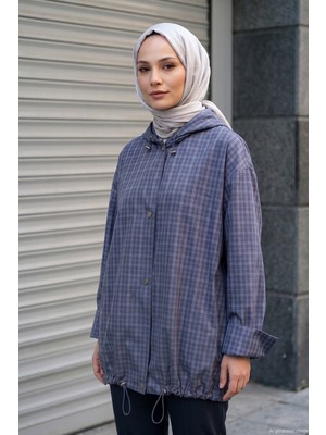 Lale Butik Kadın Önü Çıtçıt ve Fermuar Kapama Kapüşonlu Mevsimlik Kap Ceket 140333 Lacivert