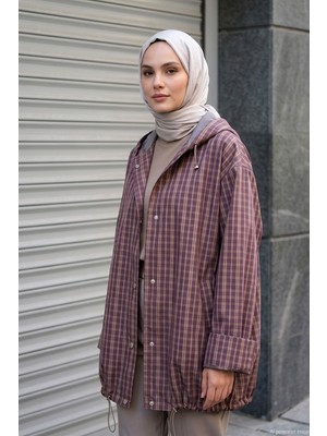 Lale Butik Kadın Önü Çıtçıt ve Fermuar Kapama Kapüşonlu Mevsimlik Kap Ceket 140333 Mor