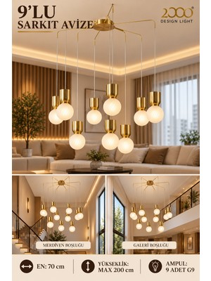 AVİZE 9’lu Eskitme Sarkıt Avize Burgulu Beyaz Camlı 9 G9 Duy 70 cm En Maksimum 200 cm Yükseklik