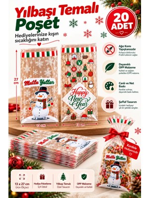 Canvela Yılbaşı Yeni Yıl Noel Baba Temalı 13X27 cm Opp Yapışkansız Poşet ve Kurdele Seti Kurabiye Çikolata Şeker Hediye Poşeti Bantsız Şeffaf Poşet