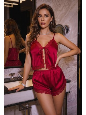 Beruflic Bordo Dantel Işlemeli Ince Askılı Önden Bağlamalı Saten Şortlu Takım Under Moda
