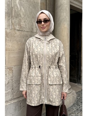 Lale Butik Kadın Önü Fermuarlı Bel Büzgülü Astarlı Ceket 8001 Bej