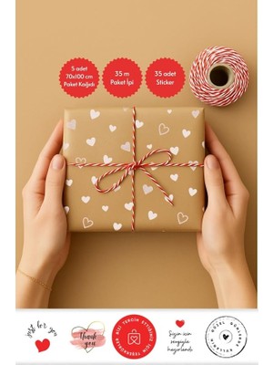 Adet Kalpli Paket Kağıdı, 25M Paket Ipi, 35 Adet Stickerdan Oluşan Ambalaj Seti
