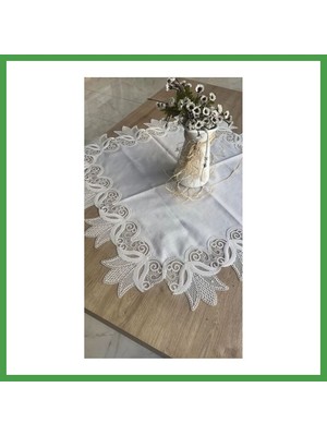 Soi Home 88X88 cm Kayla Kreme Gümüş Fransız Dantel Detaylı Kare Sehpa Örtüsü Zarif Model Soı