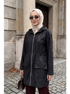 Lale Butik Kadın Önü Fermuarlı Bel Büzgülü Astarlı Ceket 8001 Siyah