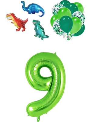 Herovia Yaş Dinazor Set; Rakam Folyo, 3 Adet Mini Dinazor ve 10 Lu Balon