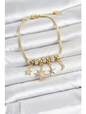 Yakup Tokatlı Moda Gold Renk Kutup Yıldızı Detaylı Kadın Bileklik