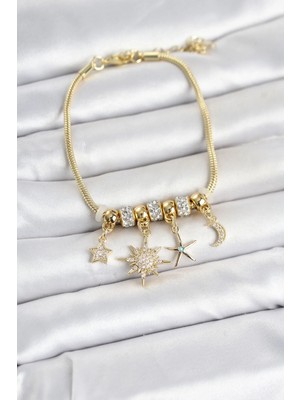 Yakup Tokatlı Moda Ytm Pirinç Gold Renk Kutup Yıldızı Detaylı Charmlı Kadın Bileklik