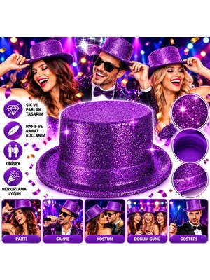 Bezos Mor Simli Glitter Silindir Parti Şapkası