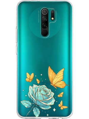 LOTUS GOLD Redmi 9 Uyumlu Gül ve Kelebek Desenli Şeffaf Telefon Kılıfı