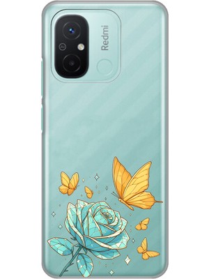 LOTUS GOLD Redmi 12C Uyumlu Gül ve Kelebek Desenli Şeffaf Telefon Kılıfı