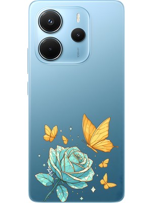 LOTUS GOLD Redmi Note 14 4g Uyumlu Gül ve Kelebek Desenli Şeffaf Telefon Kılıfı