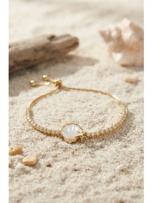 Yakup Tokatlı Moda Ytm- Gold Renk Deniz Kabuğu Model Zirkon Taşlı Asansörlü Kadın Bileklik